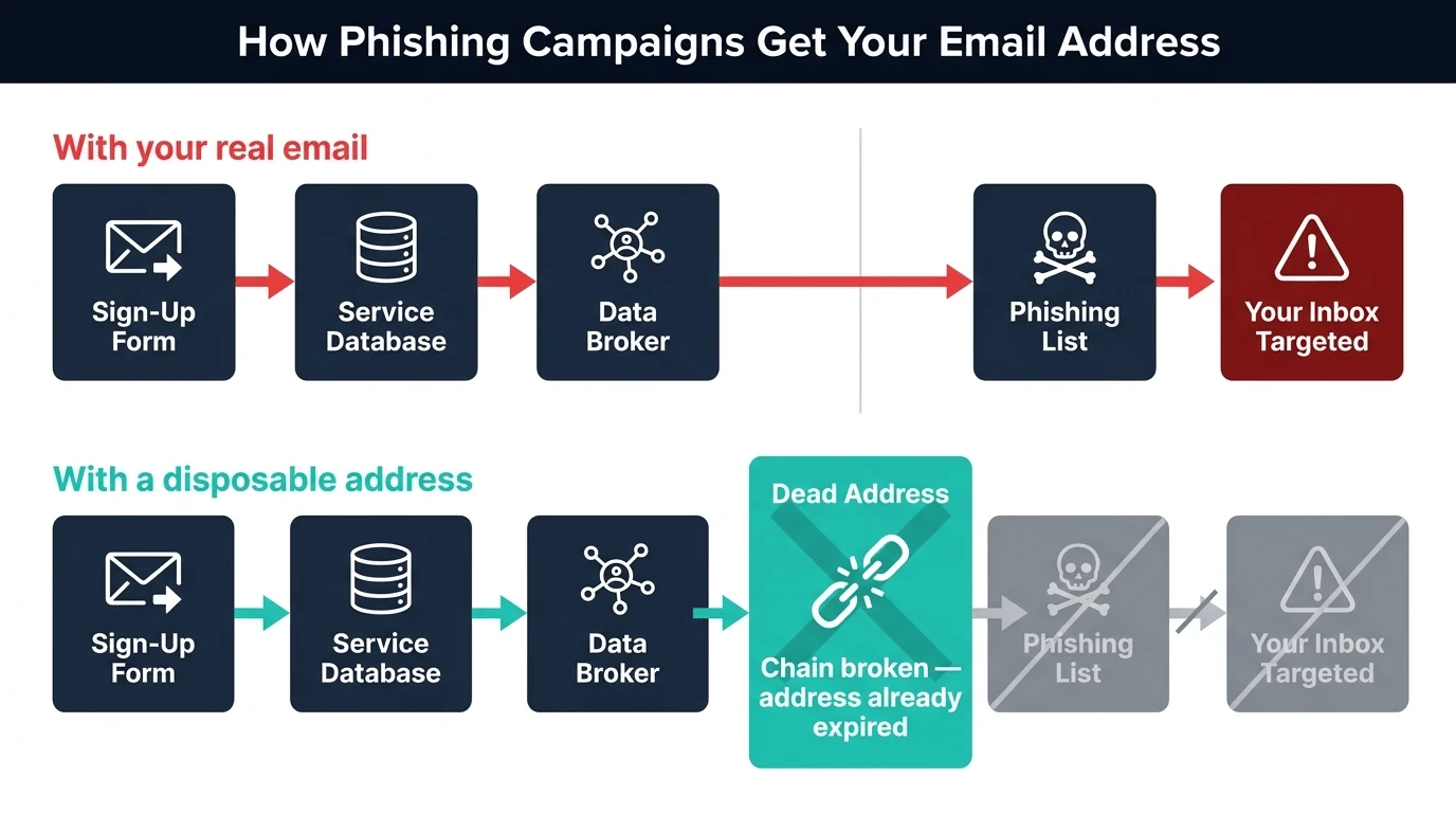 Diagram showing two parallel paths — how a real email address flows through to a phishing list versus how a disposable address breaks that chain