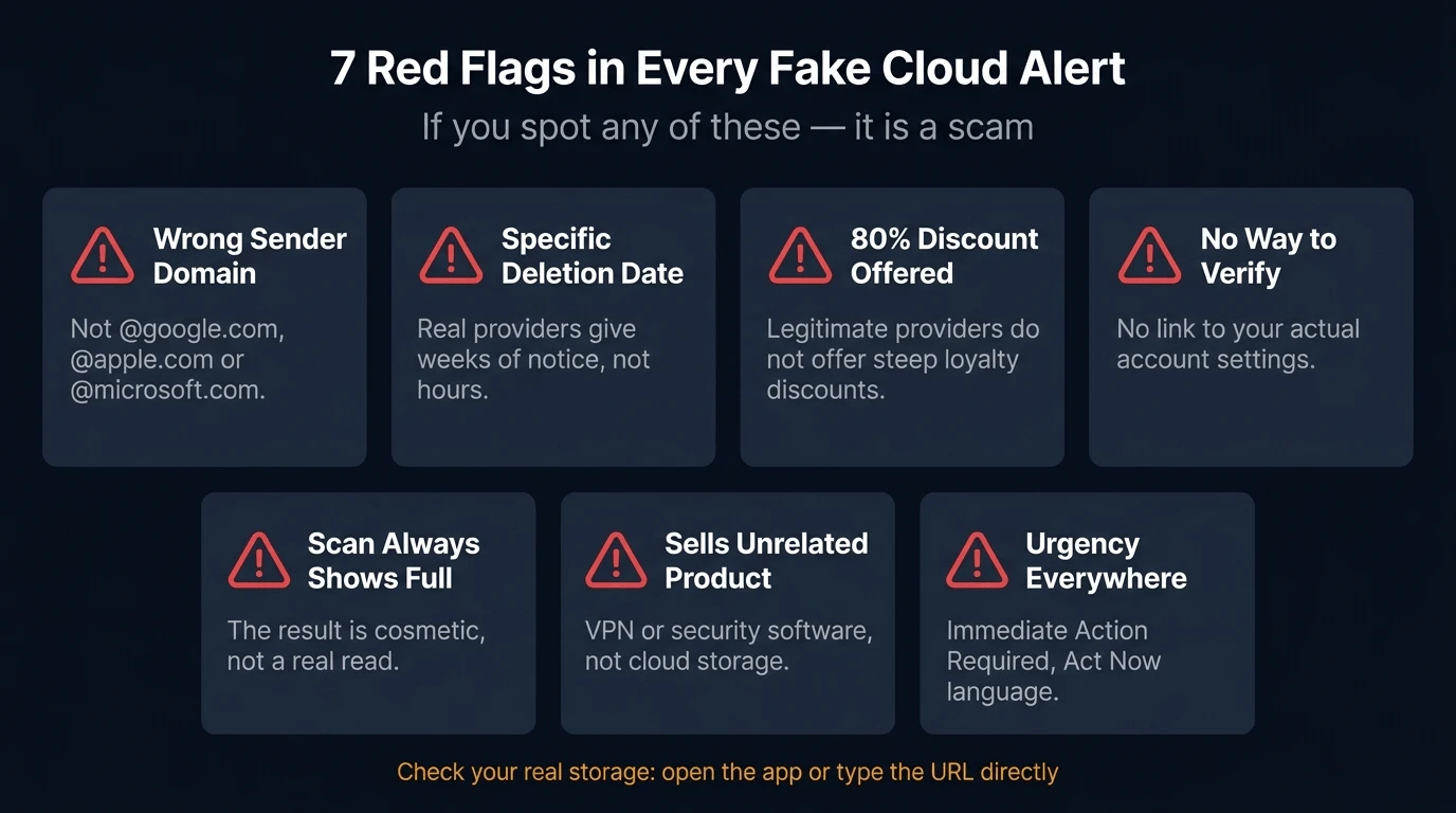 Reference card showing the seven red flags that identify every fake cloud storage alert scam