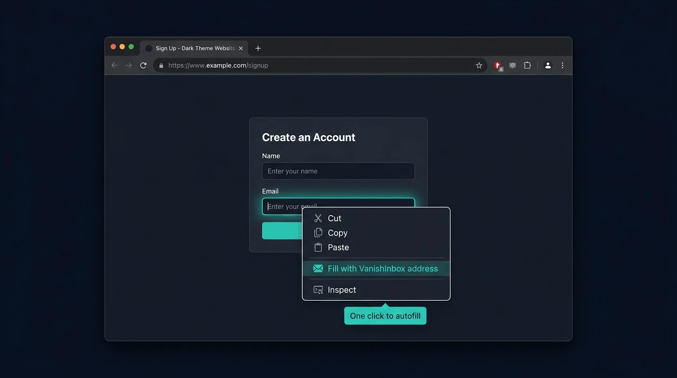 Chrome browser mockup showing the right-click context menu with the Fill with VanishInbox address option highlighted in teal