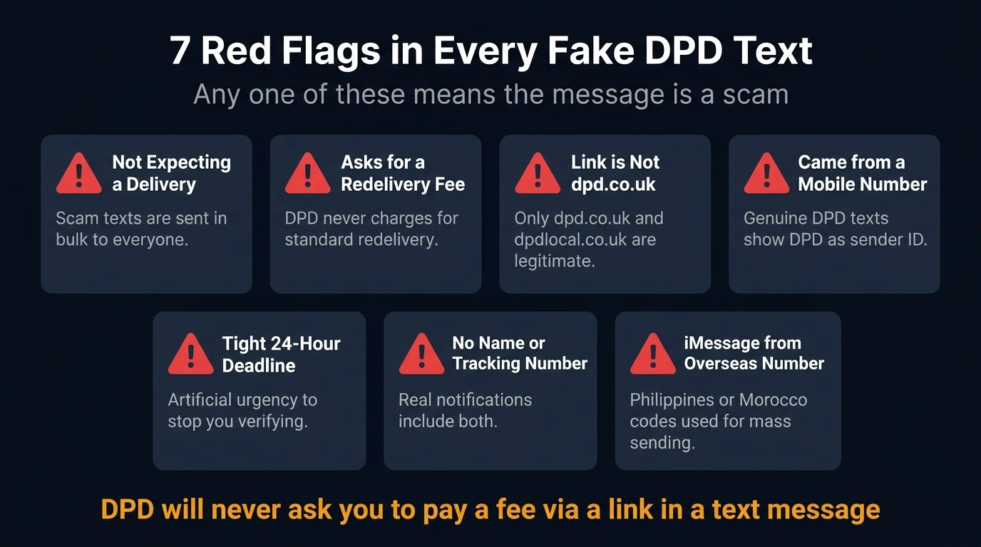 Reference card showing seven red flags that identify every fake DPD text message scam