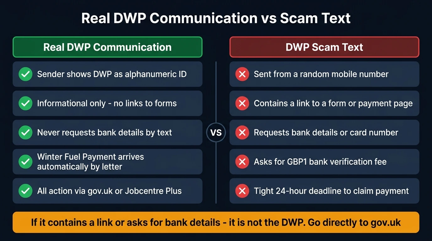 Side-by-side comparison of real DWP communication versus a DWP scam text — sender ID, links, bank details, and deadlines