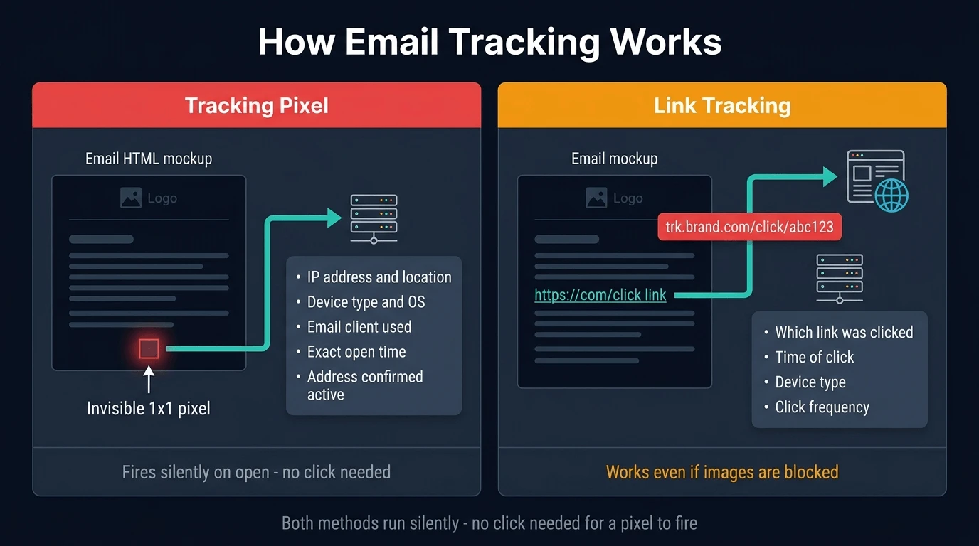 Technical diagram showing how tracking pixels and link tracking work in marketing emails — what data each method captures and how it flows to company servers
