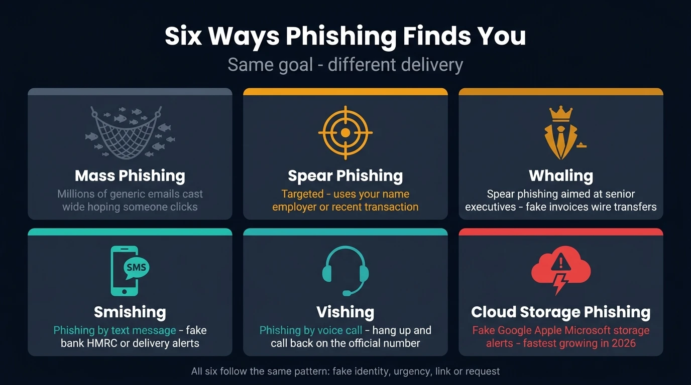 Six-card diagram showing the different types of phishing attack — mass phishing, spear phishing, whaling, smishing, vishing, and cloud storage phishing
