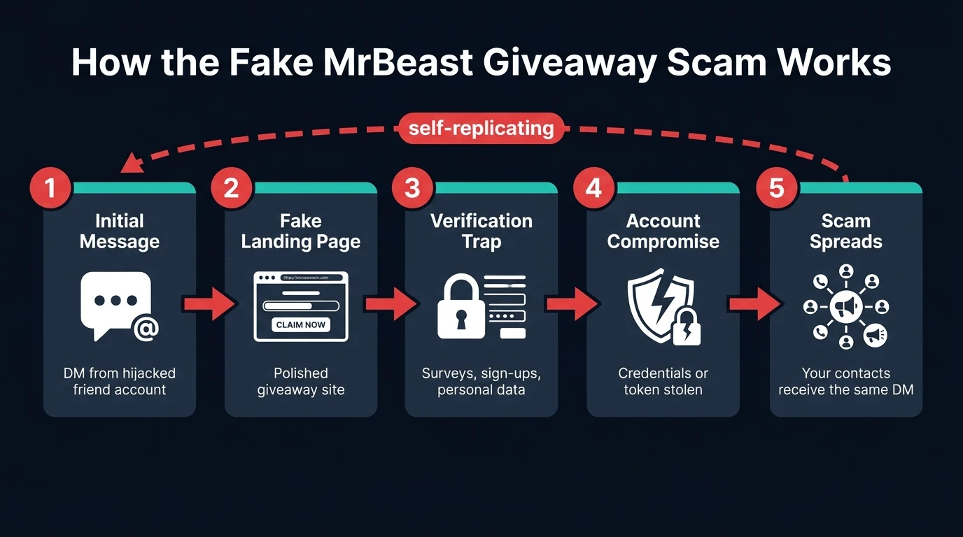 Step-by-step diagram showing how the fake MrBeast giveaway scam spreads from an initial Discord DM through to account compromise and self-replication