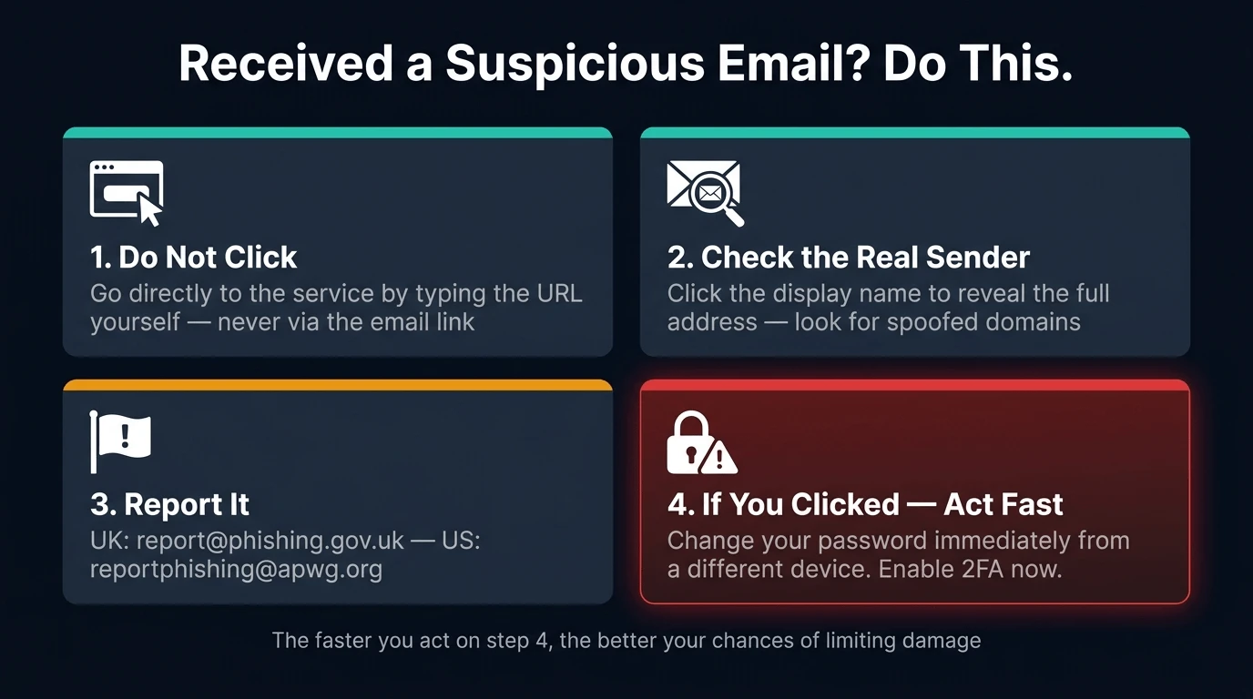 Four-step action card for receiving a suspicious email — do not click, check the sender, report it, and act fast if you clicked